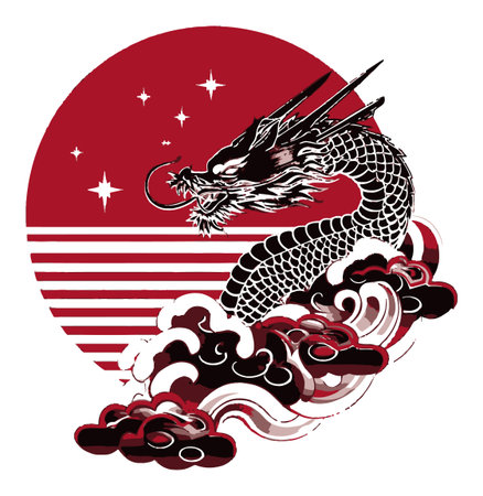 This striking dragon illustration combines bold colors and abstract elements, featuring a fierce dragon against a vibrant red background, perfect for any artistic project.のイラスト素材
