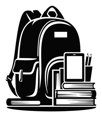 This detailed engraving features a stylish backpack surrounded by books and stationery items. Perfect for themes related to education and student life.のイラスト素材