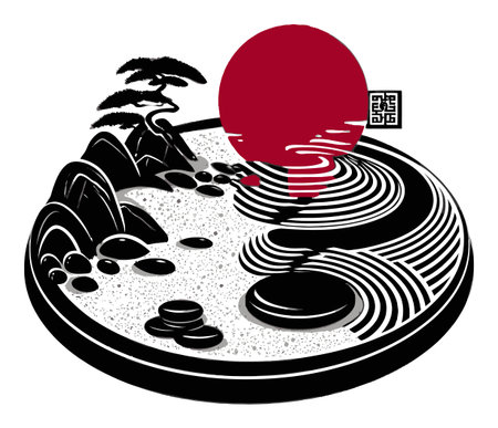 This abstract illustration features a serene zen garden with a striking red sun, blending natural elements like rocks and a tree in harmonious simplicity.のイラスト素材