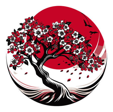 This stunning illustration features an elegant cherry blossom tree against a bold red sun, combining traditional elements with modern abstract art. Perfect for decor.のイラスト素材