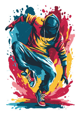 An energetic urban dance illustration showcasing a performer caught in motion amidst vibrant splashes of color, capturing the essence of street culture and creativity.のイラスト素材