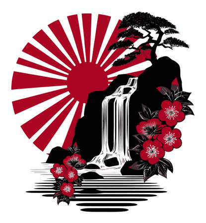 This striking art piece features a serene waterfall cascading down rocks, accompanied by cherry blossoms and a bold rising sun, conveying tranquility and cultural beauty.のイラスト素材