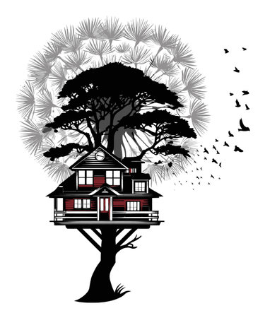 This abstract illustration features a whimsical tree house set against a backdrop of nature and birds, evoking a sense of peace and creativity.のイラスト素材