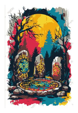 This captivating abstract illustration features an enchanted stone circle set in a vibrant forest landscape under a glowing moon. Perfect for fantasy themes.のイラスト素材