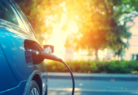 Concept of EV charger station application graphic of electric car charging. Generative AI.の素材