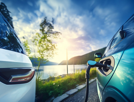 Concept of EV charger station application graphic of electric car charging. Generative AI.の素材