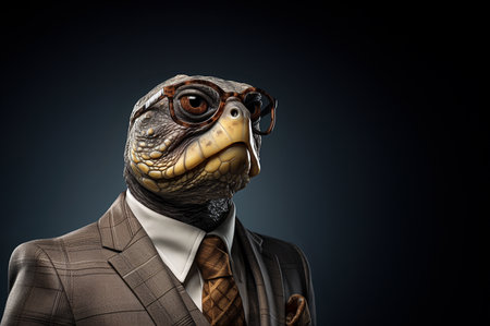 Standing turtle in a suit wearing glasses on agray background. Generative AI.の素材
