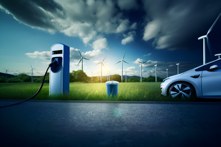 Concept of EV charger station application graphic of electric car charging. Generative AI.の素材