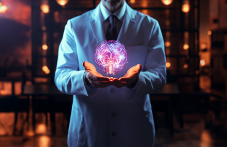 Doctor holding circle plexus futuristic holographic. Generative AI.の素材