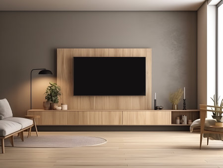 Interior mock up living room. cabinet for TV or place object in modern living room with lamp,table,flower and plant. AI Generative.の素材