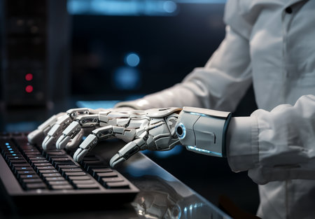 White robot hand on black keyboard in close-up on empty space. AI Generative.の素材