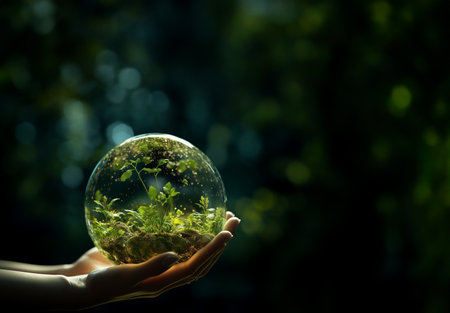 Human hands holding earth sphere crystal with sunlight, green nature background, concept of conservation environmental. AI Generative.の素材