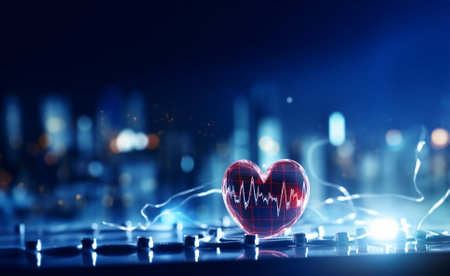 Human heart, medical digital technology, 3D illustration on colorful background. AI Generative.の素材