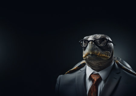 Standing turtle in a suit wearing glasses on agray background. Generative AI.の素材