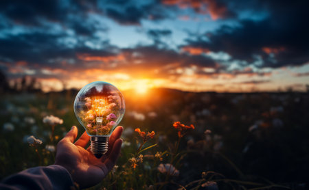 Hand holding a light bulb on nature background with the concept of natural energy. AI Generative.の素材