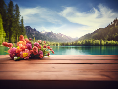 Empty wooden table decorated with colorful flowers, Blurred lagoon and mountain view, background, AI Generative.の素材