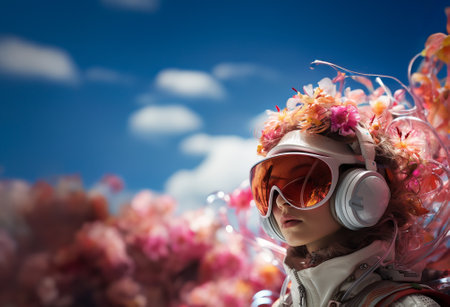 Young woman using virtual reality headset. VR glasses, futuristic, technology, online education, education, video game concept. Generative AI.の素材