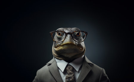 Standing turtle in a suit wearing glasses on agray background. Generative AI.の素材