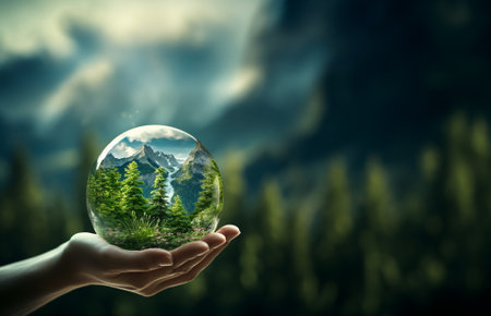 Human hands holding earth sphere crystal with sunlight, green nature background, concept of conservation environmental. AI Generative.の素材