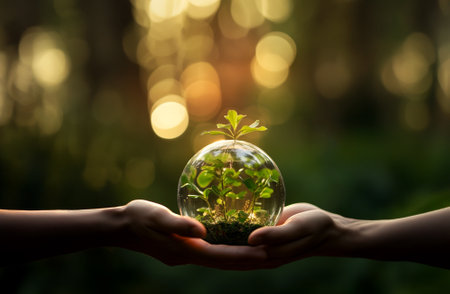 Human hands holding earth sphere crystal with sunlight, green nature background, concept of conservation environmental. AI Generative.の素材