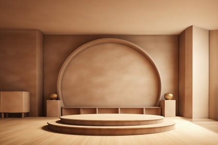 wooden top podium design blocks, cylindrical plinths, concept scenes, stage performances, products, creams, perfumes, with space for text. Modern surreal elements. Generative Ai.の素材