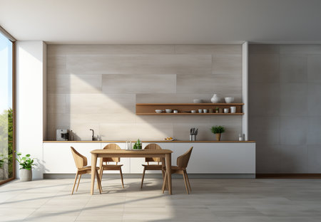 Modern cozy dining room and empty brick wall texture background. AI Generative.の素材