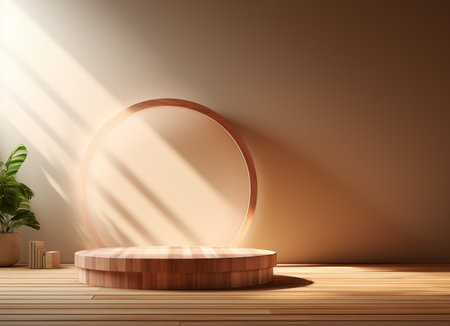 wooden top podium design blocks, cylindrical plinths, concept scenes, stage performances, products, creams, perfumes, with space for text. Modern surreal elements. Generative Ai.の素材
