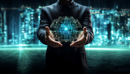 Man hands using cybersecurity interface on empty space for. Generative AI.の素材