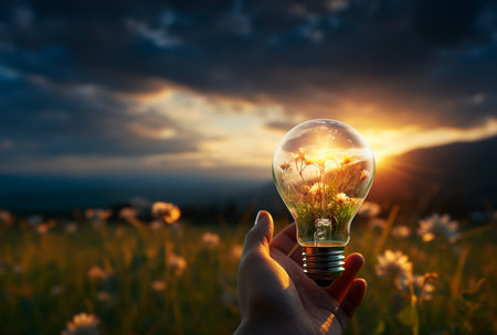 Hand holding a light bulb on nature background with the concept of natural energy. AI Generative.の素材