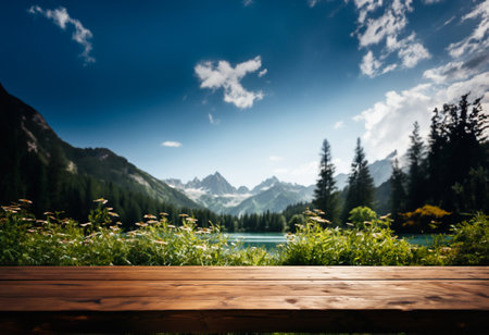 Empty wooden table decorated with meadow blurred lake and mountain view background. AI Generative.の素材