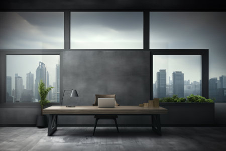Office interior illustration, desk, chair, computer on empty space for text. AI Generative.の素材