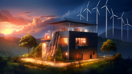 illustration of contemporary electricity. Wind generator, Clean renewable energy, Landscape with windmills. Generative AI.の素材