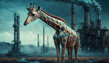 giraffe standing in front toxic mass from chemical. Generative AI.の素材