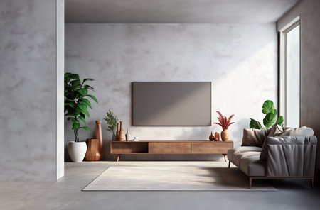 Interior mock up living room. cabinet for TV or place object in modern living room with lamp,table,flower and plant. AI Generative.の素材