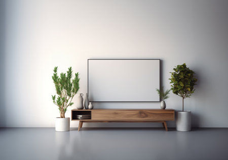 White living room interior photo with sofa dressing table vase on wooden floor and posters on large walls.Generative AI.の素材