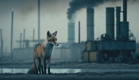 the fox is ahead dense smog from a chemical factory. Generative AI.の素材