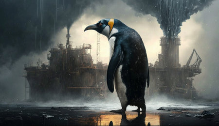 penguin stand in front Toxic mass from a chemical. AI Generative.の素材