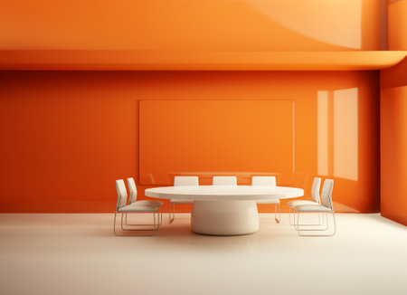 Interior of orange conference room with table and white chairs, empty space for text. AI Generative.の素材