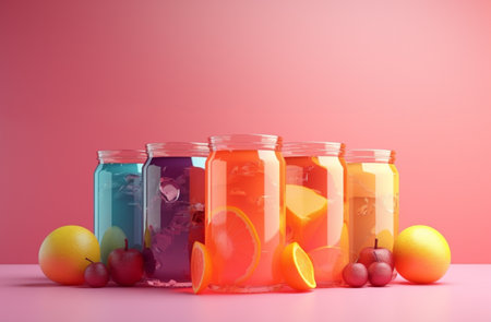 Set of delicious juices and fruits Summer fruits are ready to serve. AI Generative.の素材