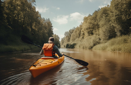 illustration of summer water sports kayaking in a quiet river Surrounded by lush greenery. AI Generative.の素材