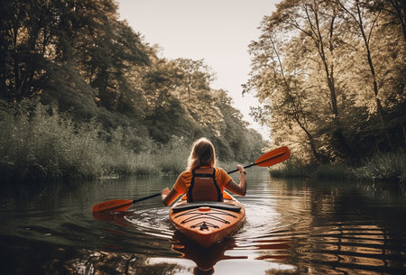 illustration of summer water sports kayaking in a quiet river Surrounded by lush greenery. AI Generative.の素材