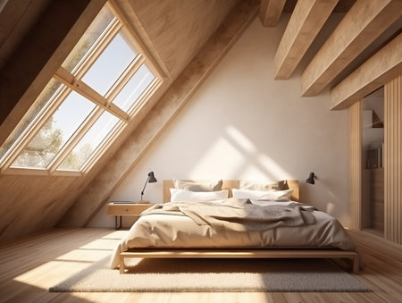 A simple and inviting loft bedroom model. AI Generative.の素材