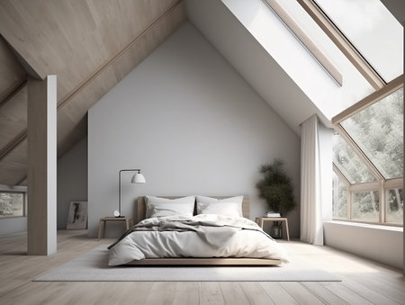 A simple and inviting loft bedroom model. AI Generative.の素材