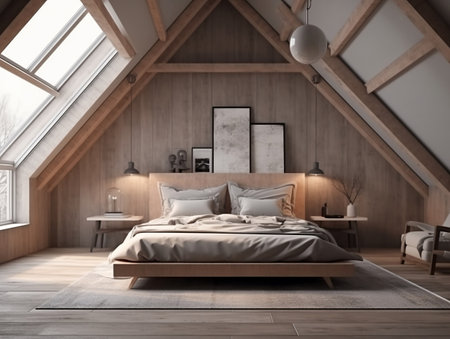 A simple and inviting loft bedroom model. AI Generative.の素材