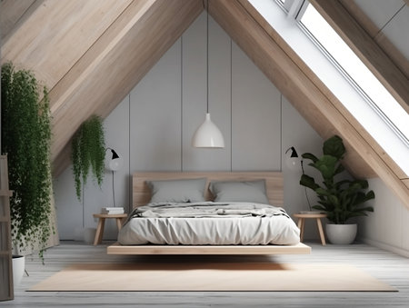 A simple and inviting loft bedroom model. AI Generative.の素材