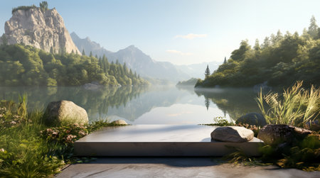 Cement podium in small river with beautiful nature,Concept scenes, stage performances, products, creams, perfumes, with space for text. Modern surreal elements. Generative Ai.の素材