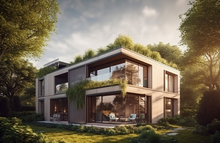 A mockup of a luxury house with solar panels and a shaded facade. AI Generative.の素材