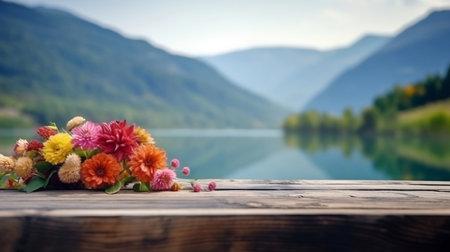 Empty wooden table decorated with colorful flowers, Blurred lagoon and mountain view, background, AI Generative.の素材