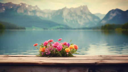 Empty wooden table decorated with colorful flowers, Blurred lagoon and mountain view, background, AI Generative.の素材