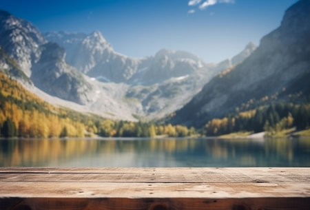 Empty wooden table decorated with meadow blurred lake and mountain view background. AI Generative.の素材